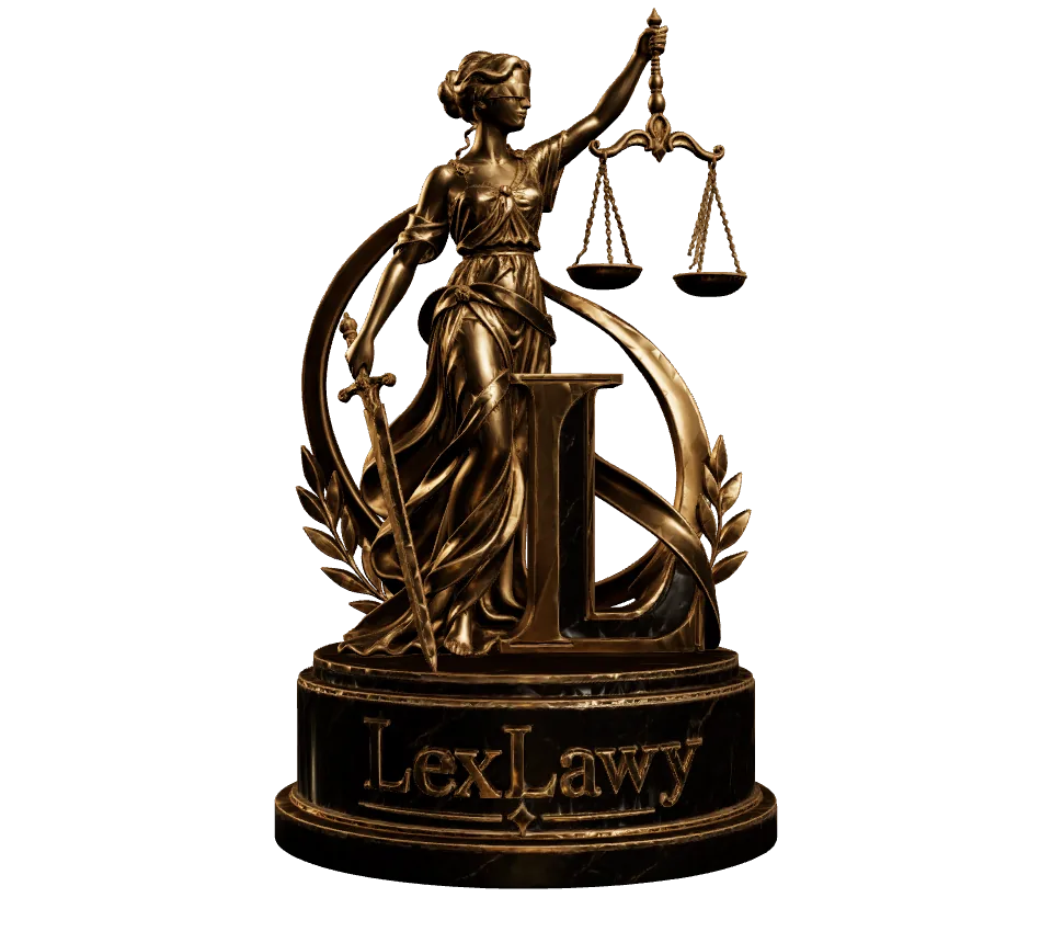 LexLawy adalet heykeli: terazi ve kılıç taşıyan bronz adalet tanrıçası