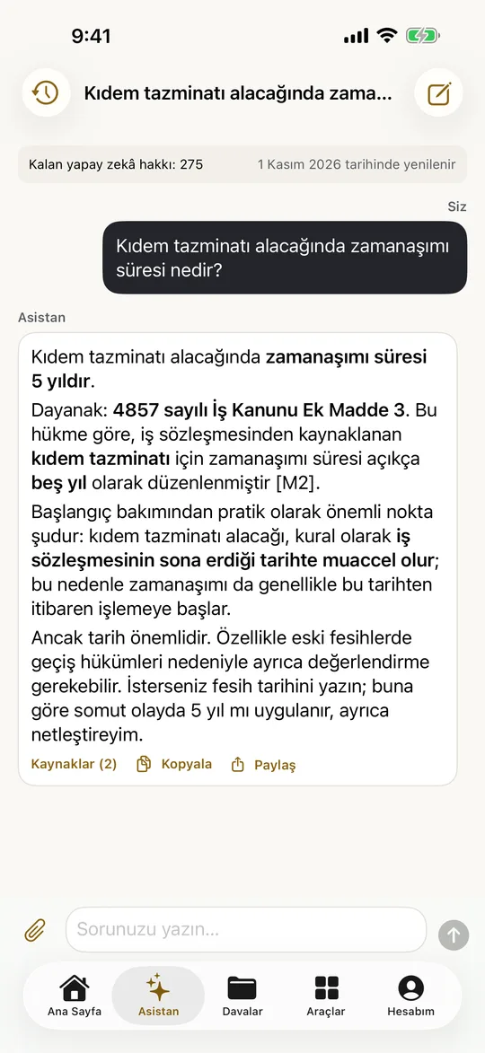 LexLawy hukuk asistanı: kıdem tazminatı zamanaşımı sorusuna kaynak gösteren yanıt