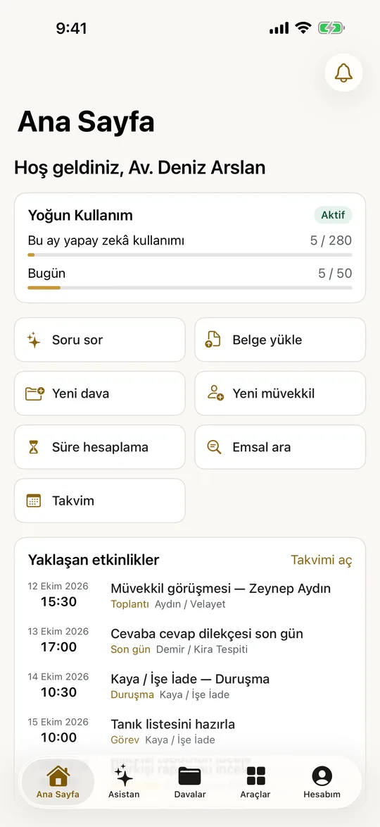 LexLawy ana sayfa: yaklaşan duruşmalar ve kısayollar