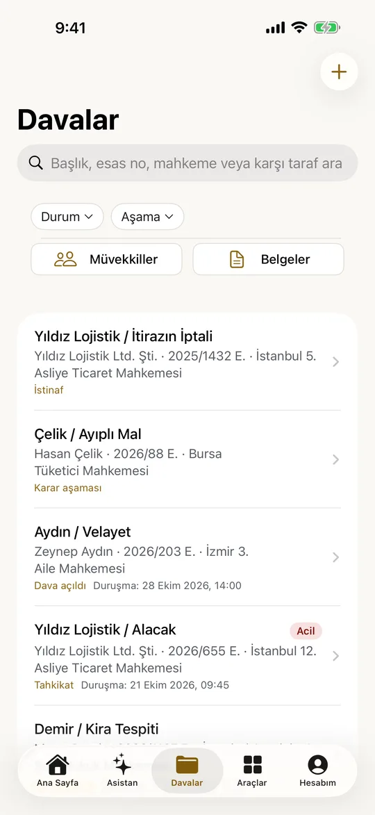 LexLawy davalar listesi: esas no, mahkeme ve duruşma tarihleri