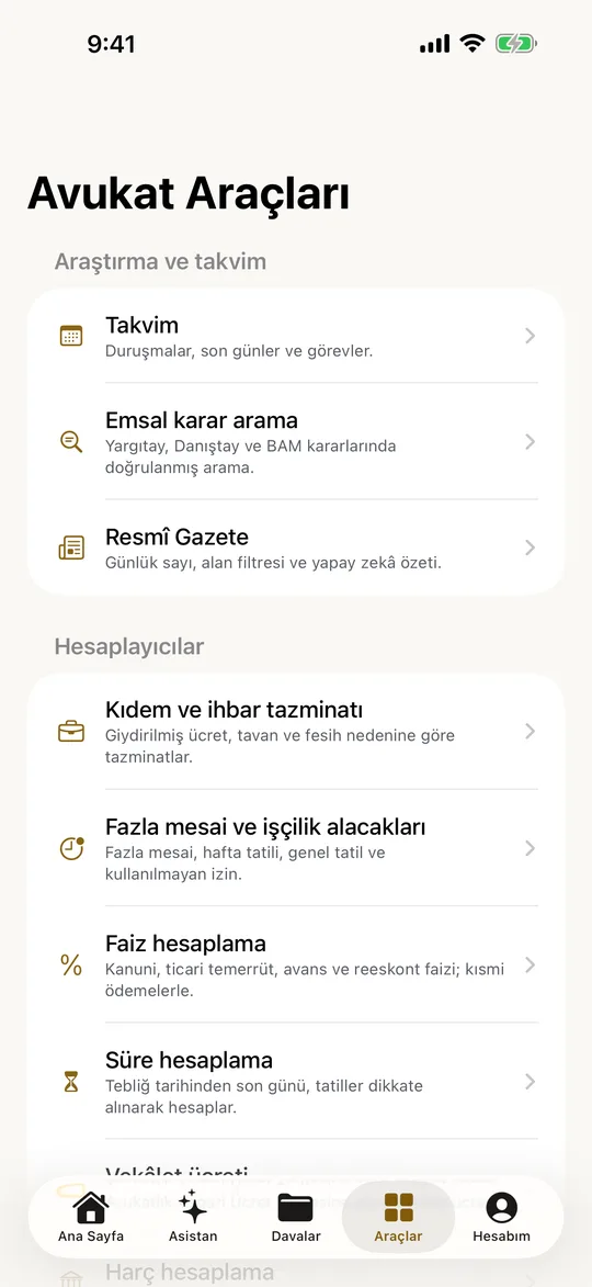 LexLawy avukat araçları: kıdem, faiz, süre, vekâlet ücreti ve harç hesaplama